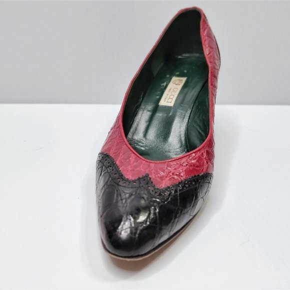 80s Gucci Croc Spectator Classic Heeled Pump Red Black Size 39.5 - Picture 3 of 10